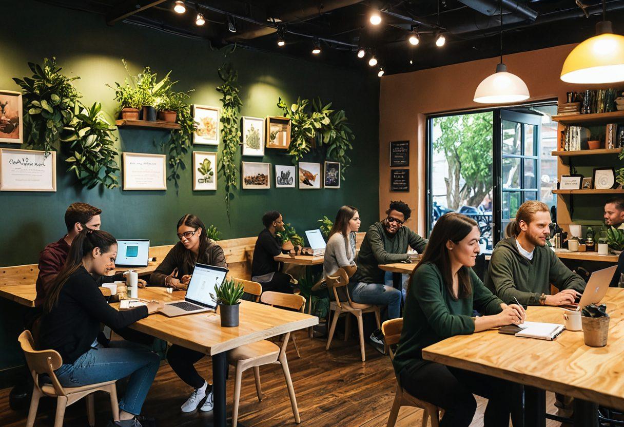 A cozy coffee shop setting with a diverse group of people engaging in lively discussions, laptops open and colorful notebooks scattered around. A warm atmosphere with soft lighting, plants, and art on the walls reflecting a sense of community. In the background, a prominent sign reads 'Join the Conversation'. Soft focus style with warm, inviting colors.