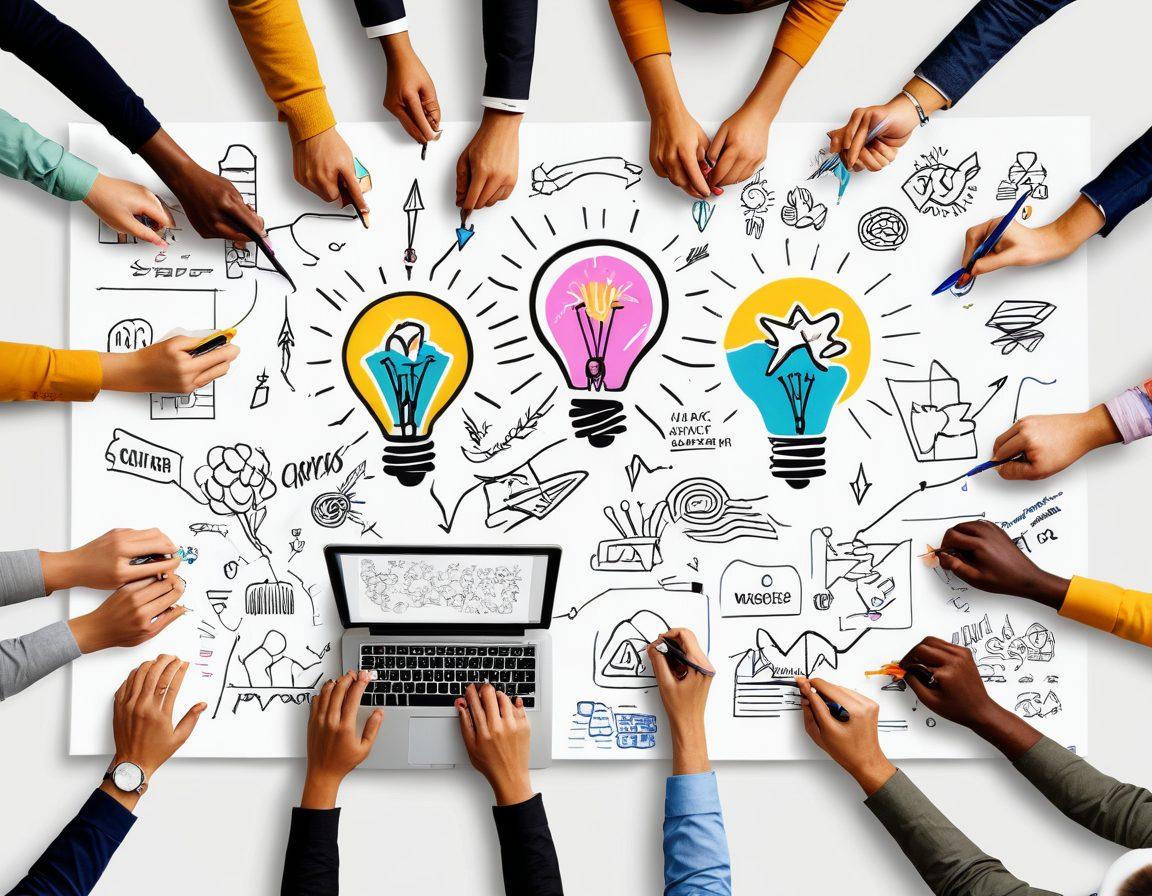 A vibrant collage that showcases the journey from brainstorming ideas to analyzing insights, featuring sketches of light bulbs, notebooks, colorful graphs, and a laptop with creative content on the screen. Incorporate dynamic arrows symbolizing progress and growth, and a diverse group of people collaborating in a bright, inspiring workspace. Use a modern, energetic style with bold colors. super-realistic. vibrant colors. white background.